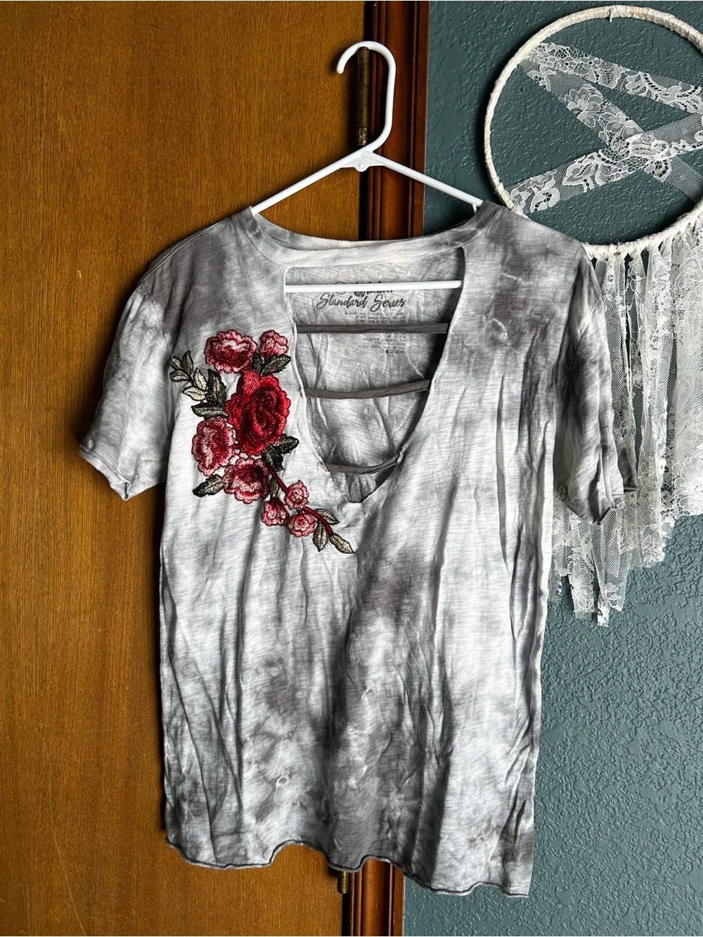 Affliction Gray Tie-Dye V-Neck Tee with Red Rose Embroidery